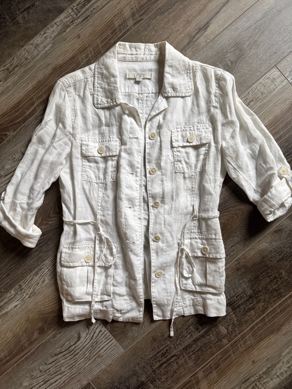 LOFT White Linen Utility Jacket with Drawstring Waist